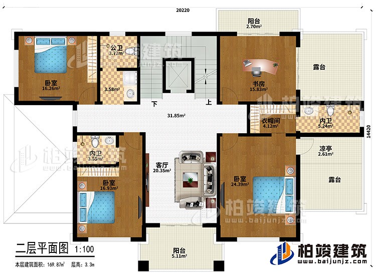 二层：3卧室、衣帽间、2内卫、公卫、客厅、书房、衣帽间、2阳台、2露台、凉亭